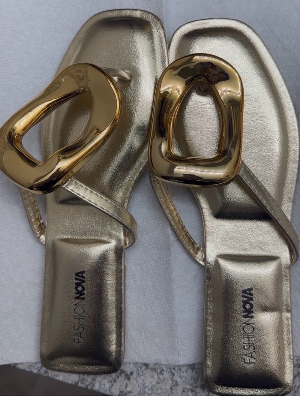 Fashion Nova Metallic Gold Slide Sandals with Statement Buckle